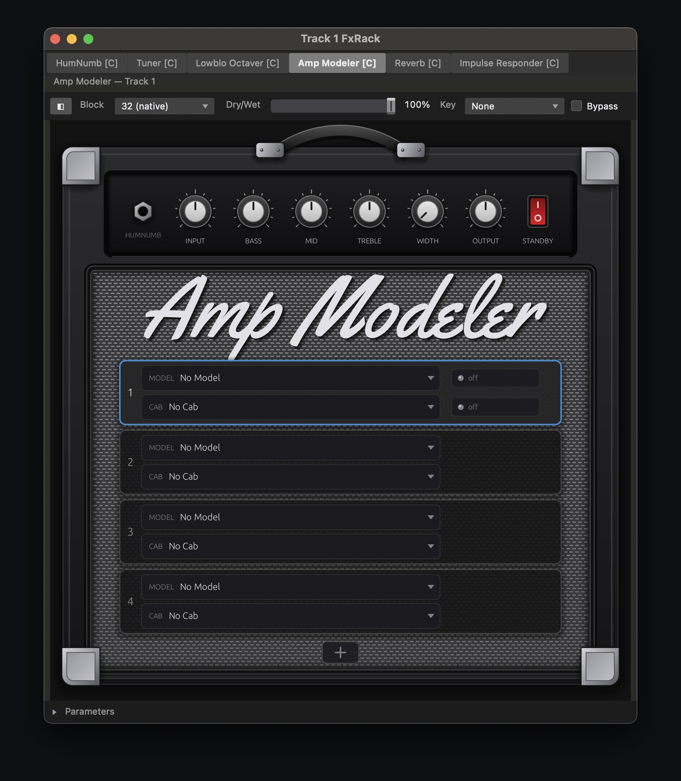 Amp Modeler editor: an amp head with Input, Bass, Mid, Treble, Width, Output and Standby over a grille holding four model and cab rig slots.