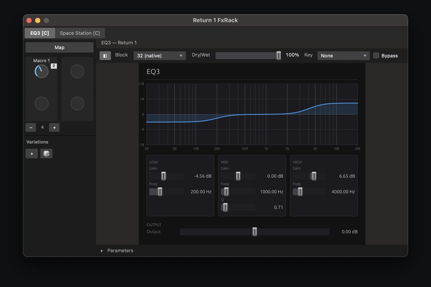 EQ3 editor: a three-band curve over Low, Mid and High gain and frequency sliders.