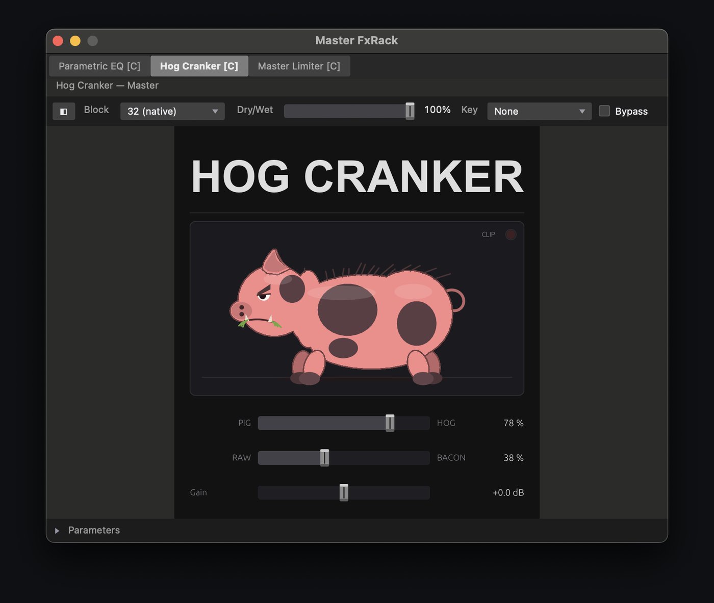Hog Cranker editor: a pig over the Pig/Hog, Raw/Bacon and Gain faders.