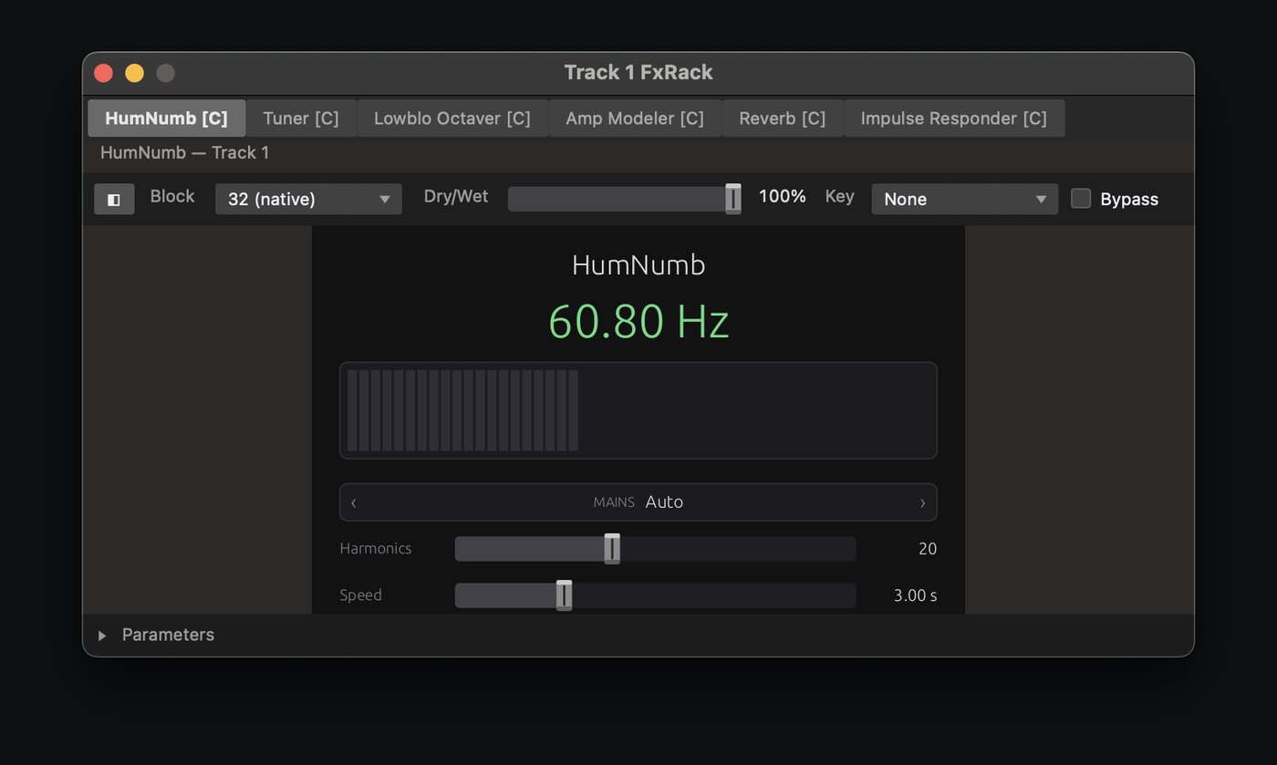 HumNumb editor: the tracked mains frequency, its harmonic bars, and the Mains, Harmonics and Speed controls.