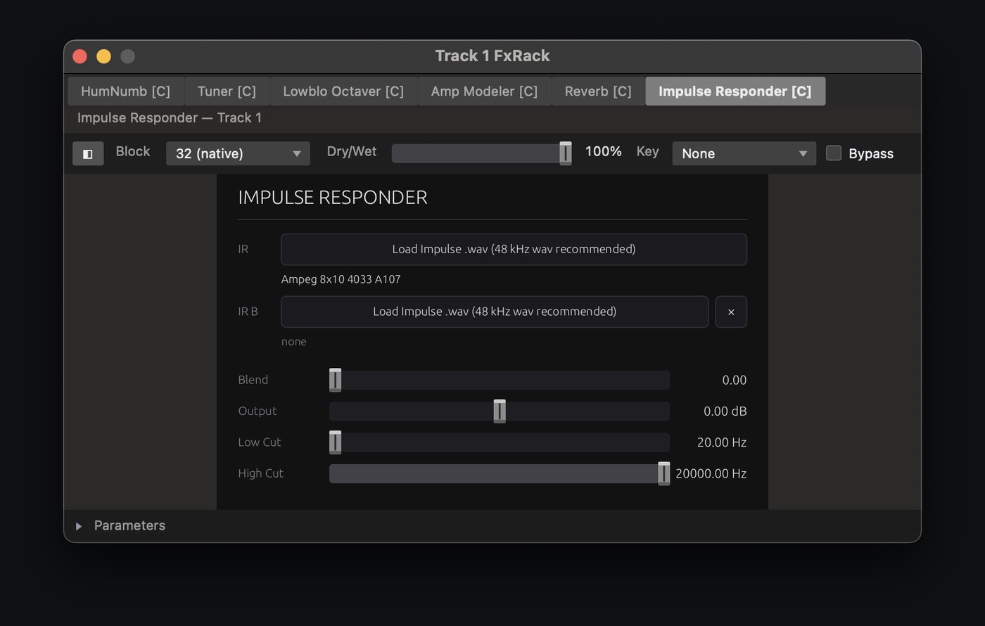 Impulse Responder editor: two IR slots, an Ampeg 8x10 loaded in the first, with Blend, Output, Low Cut and High Cut sliders.