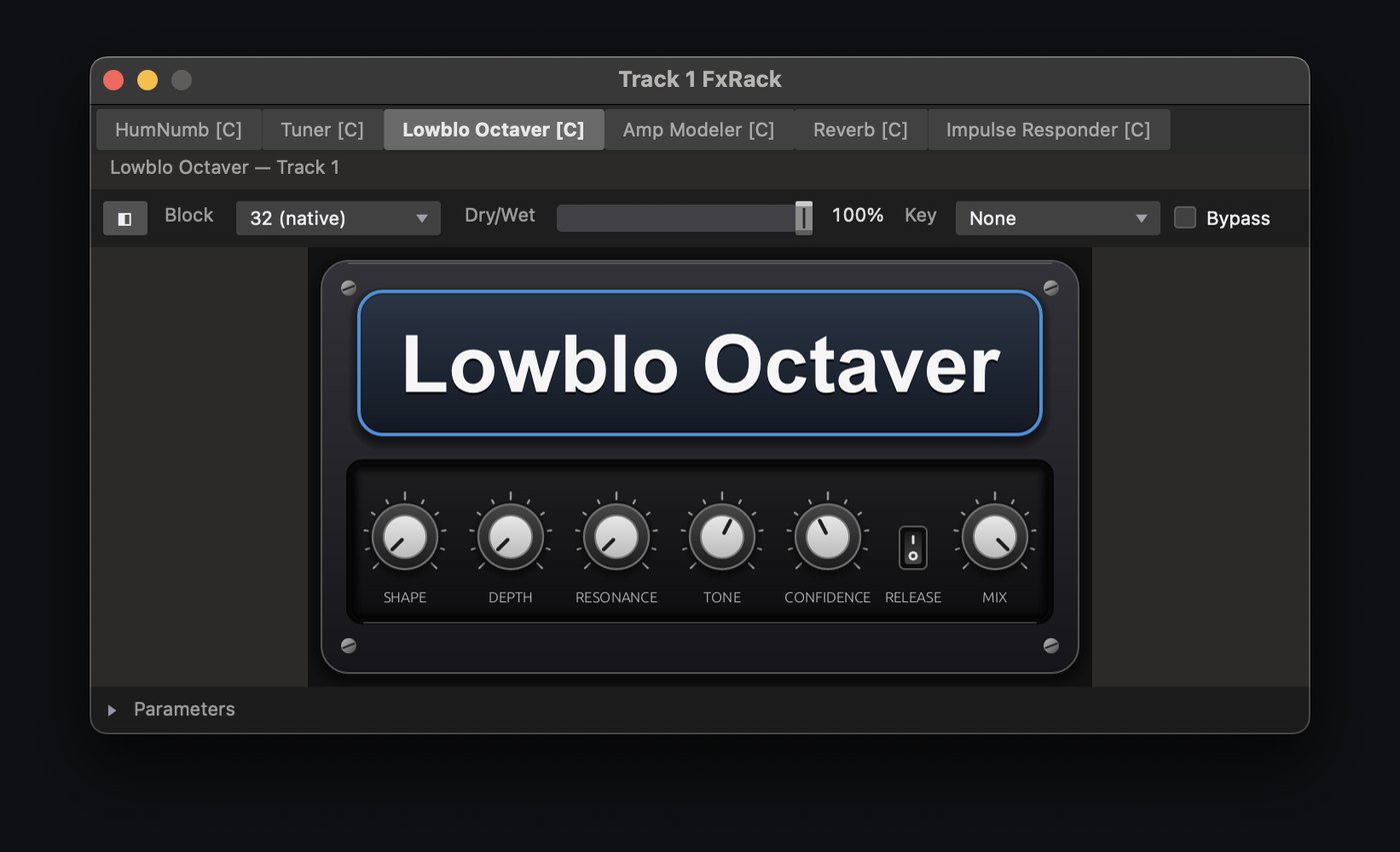 Lowblo Octaver editor: a pedal plate with Shape, Depth, Resonance, Tone, Confidence, Release and Mix knobs.