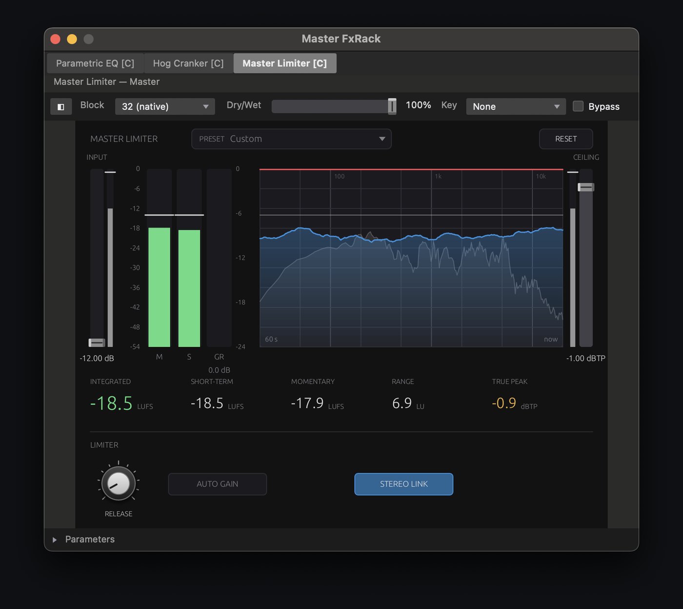 Master Limiter editor: input and ceiling faders, momentary, short-term and gain-reduction bars, a 60-second loudness graph over the spectrum, and the loudness readouts.