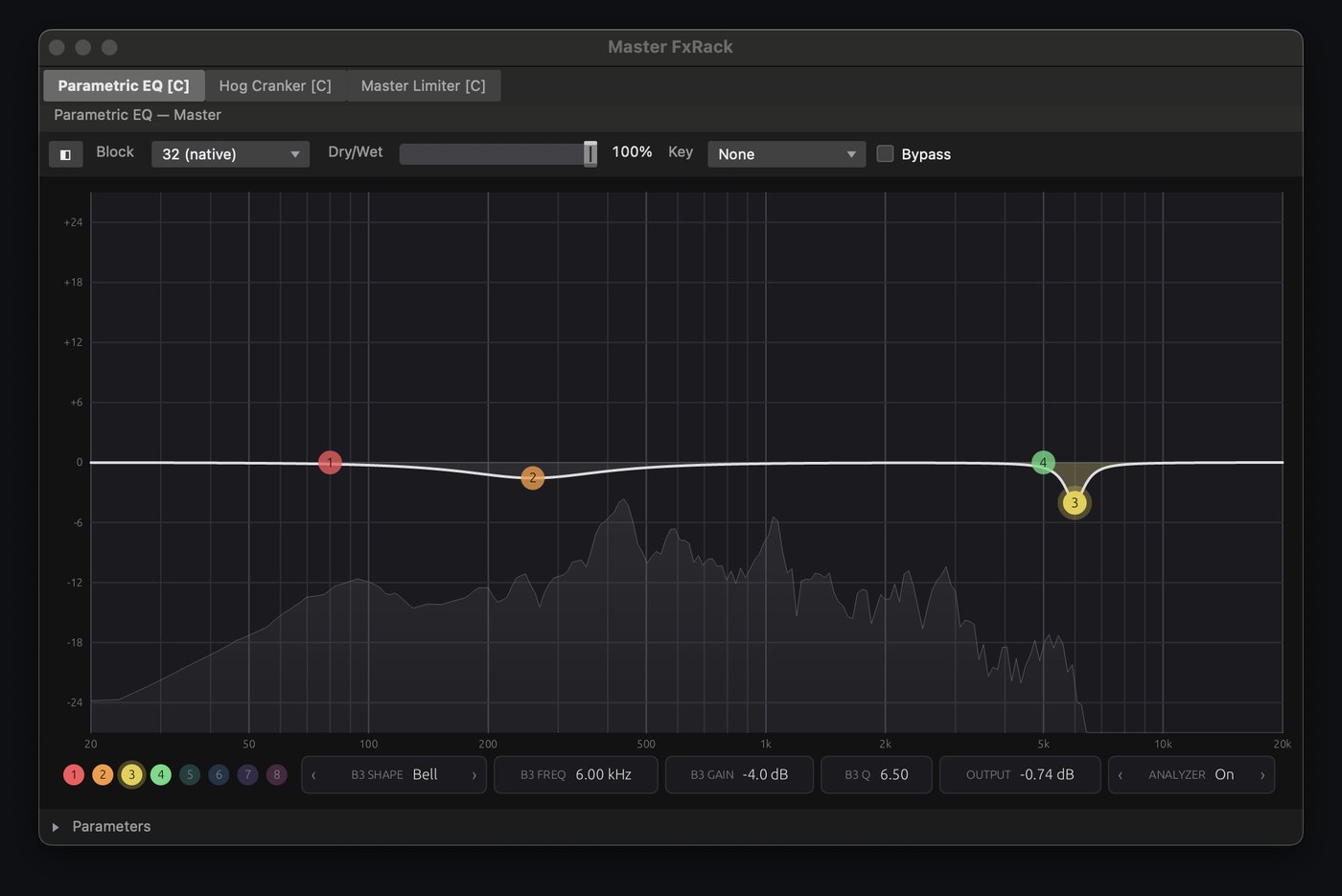 Parametric EQ editor: four bands on the curve, the live analyzer behind it.