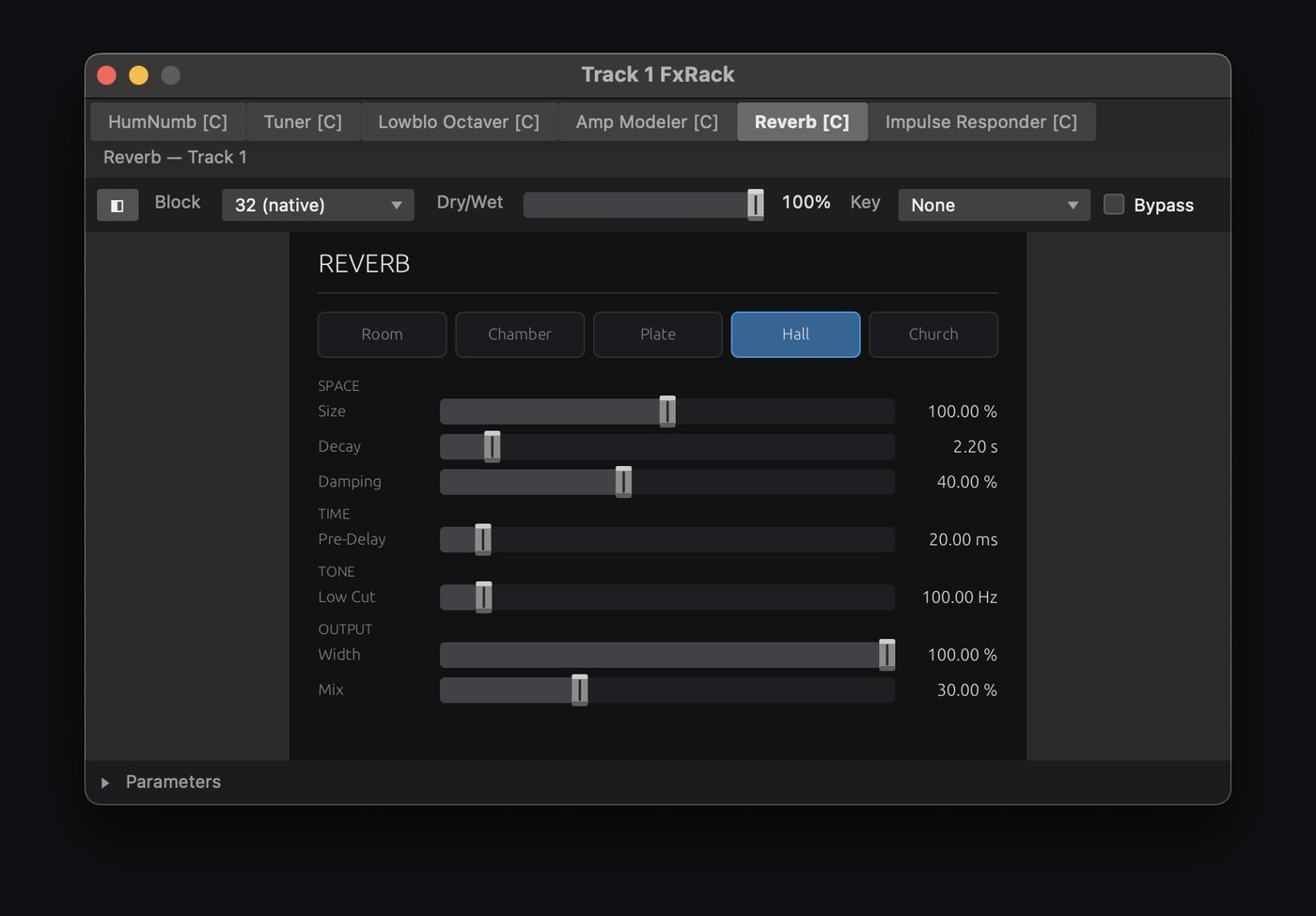 Reverb editor: Room, Chamber, Plate, Hall and Church buttons over Size, Decay, Damping, Pre-Delay, Low Cut, Width and Mix sliders.