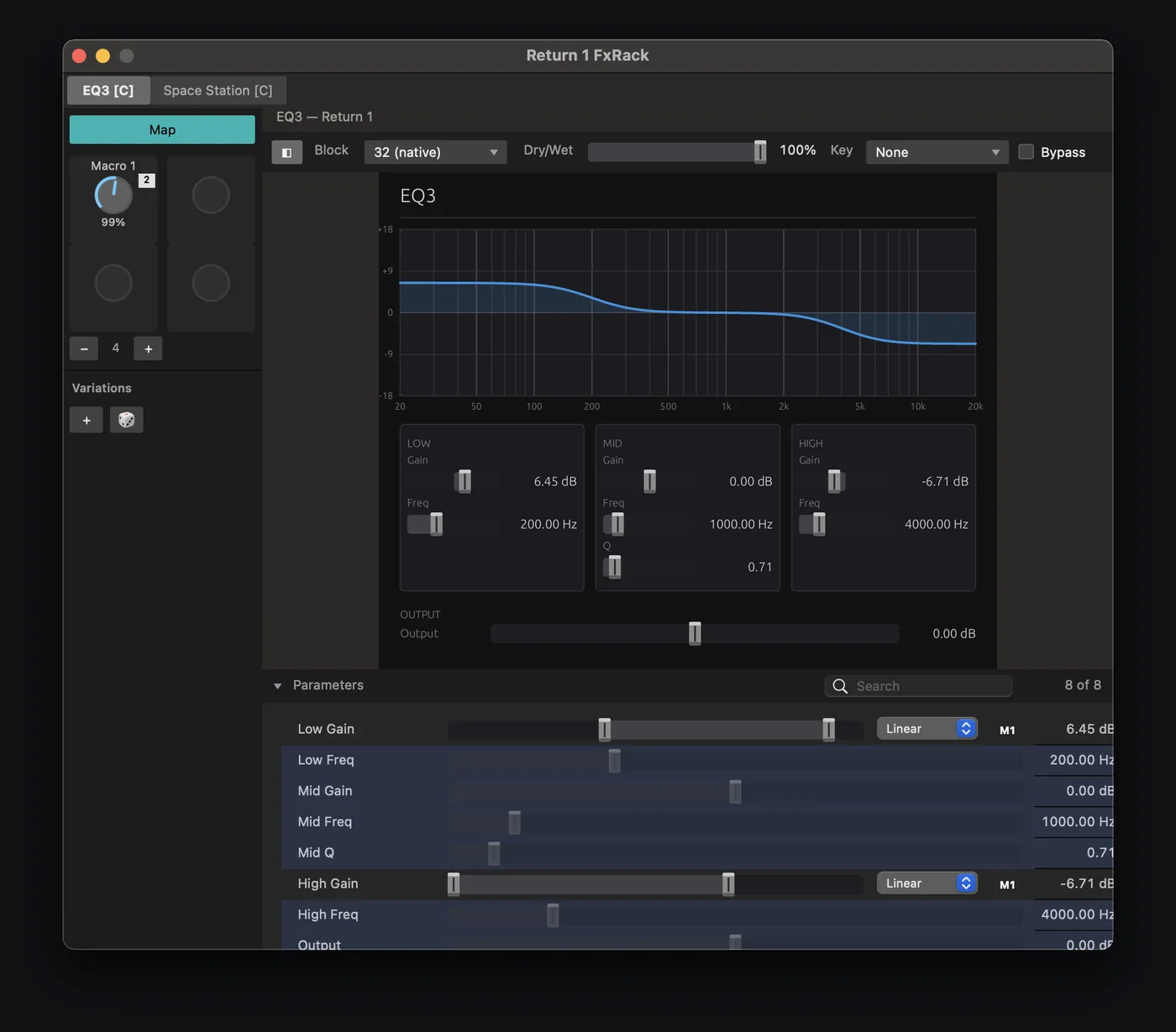 A rack macro knob turning while the EQ3's low and high shelf gains move in opposite directions.